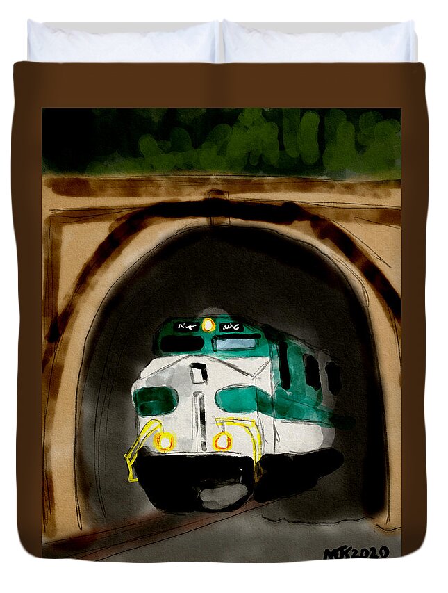 Train Duvet Cover featuring the digital art Out Of The Tunnel by Michael Kallstrom