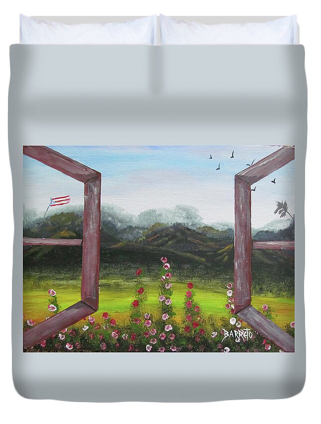 Window Duvet Cover featuring the painting Out The Window by Gloria E Barreto-Rodriguez