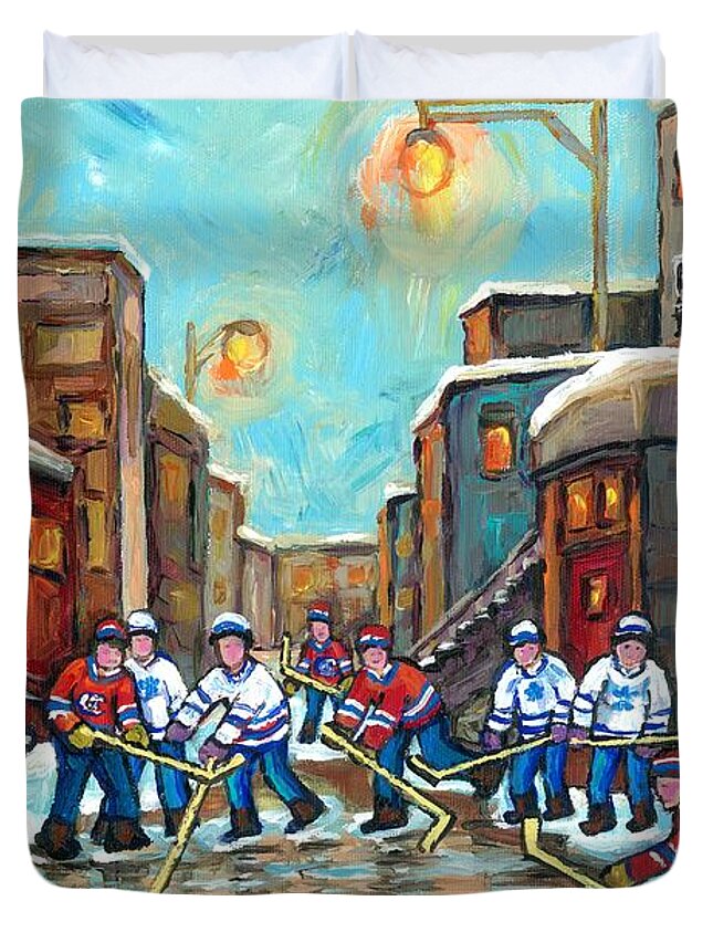 Montreal Duvet Cover featuring the painting Outremont Back Lanes Hockey Park Ex To Rosemont To Verdun Kids Winter Fun Montreal Artist C Spandau by Carole Spandau