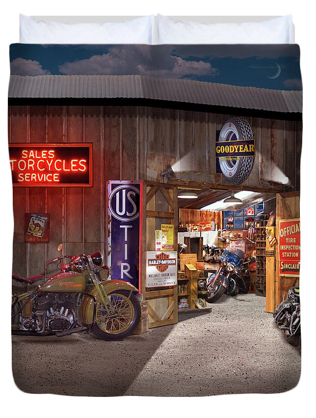 Motorcycle Shop Duvet Cover featuring the photograph Outside the Motorcycle Shop by Mike McGlothlen