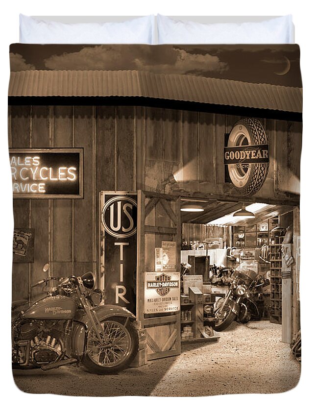 Motorcycle Duvet Cover featuring the photograph Outside The Old Motorcycle Shop - Spia by Mike McGlothlen