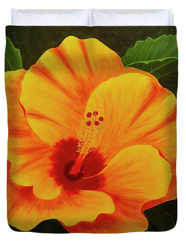 Hibiscus Duvet Cover featuring the painting Over-Achiever by Donna Manaraze
