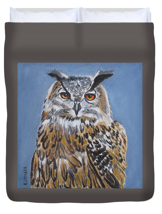 Pets Duvet Cover featuring the painting Owl Orange Eyes by Kathie Camara