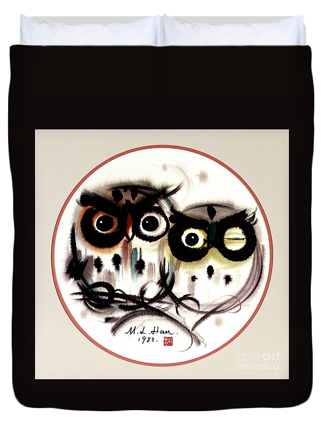Han Meilin Duvet Cover featuring the painting Owls by Han Meilin