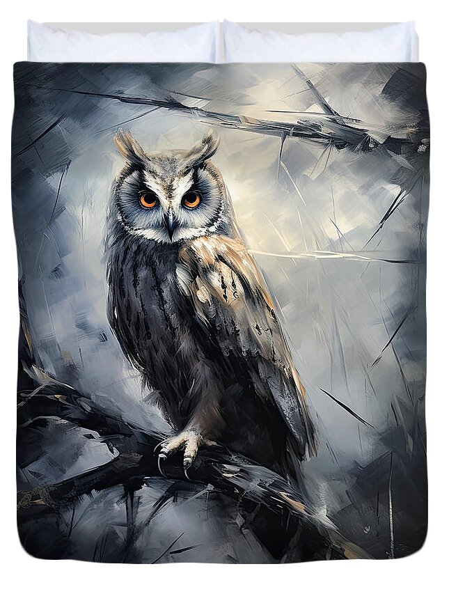 Owl Duvet Cover featuring the painting Owl's Watch - Mysterious Owl Art by Lourry Legarde