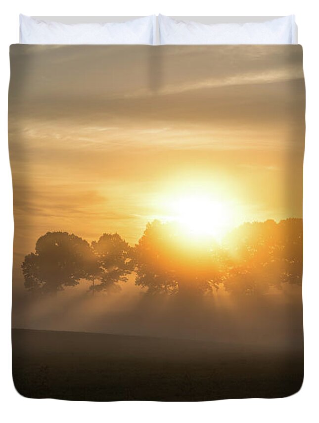 Fog Duvet Cover featuring the photograph Ozarks Country Field Sunrise by Jennifer White