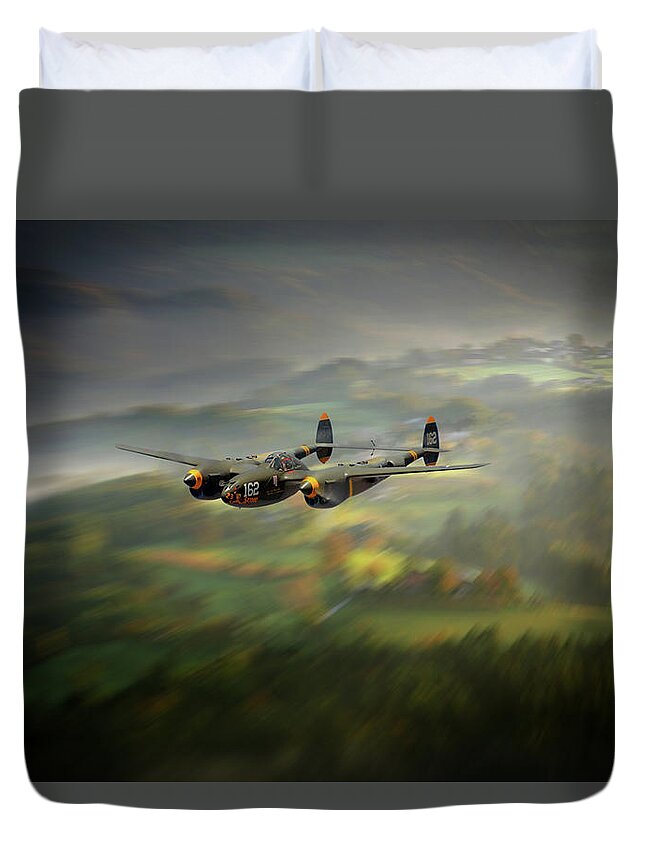 P-38 Lightning Duvet Cover featuring the digital art P38 Lightning Run In by Airpower Art