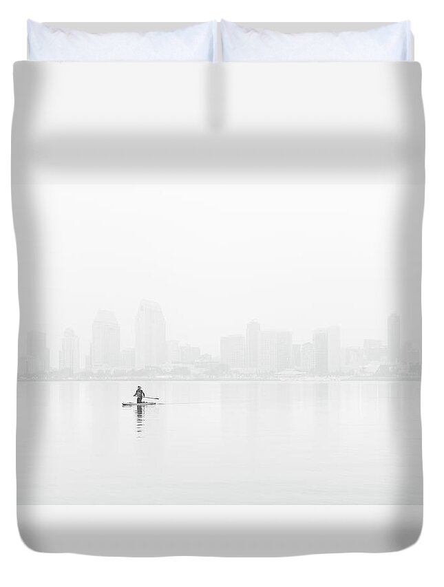 San Diego Duvet Cover featuring the photograph Paddle Boarder in San Diego Bay by William Dunigan