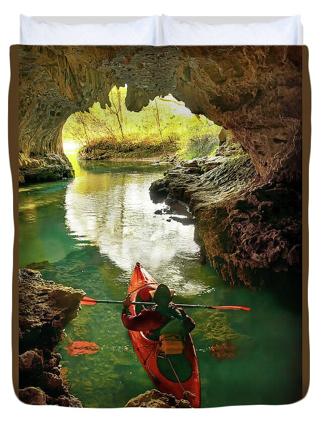 Kayak Duvet Cover featuring the photograph paddling in Cave Spring by Robert Charity