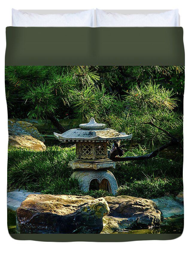 Red Maple Leaf Duvet Cover featuring the photograph Pagoda Rock by Johnny Boyd