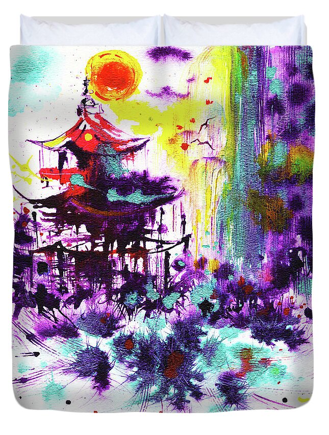 Pagoda Duvet Cover featuring the painting Pagoda by Zaira Dzhaubaeva