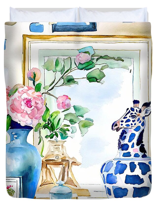 Background Duvet Cover featuring the painting Painting Blue Giraffe In Preppy Interior backgrou by N Akkash