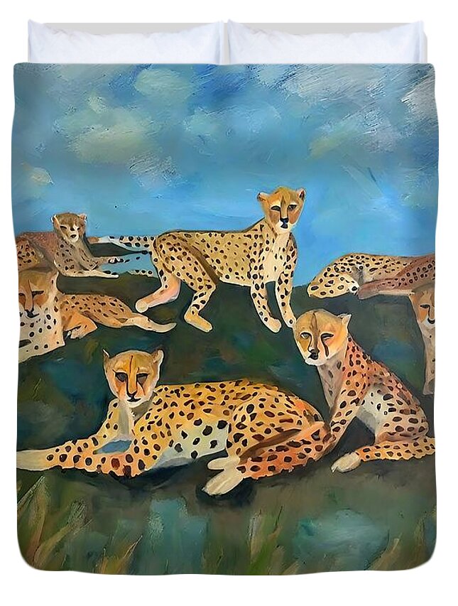 Art Duvet Cover featuring the painting Painting Family Nap art animal illustration preda by N Akkash