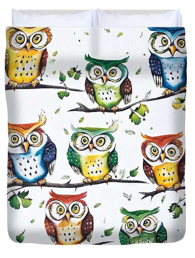 Owl Duvet Cover featuring the painting Painting Five Owls owl cute bird animal drawing n by N Akkash