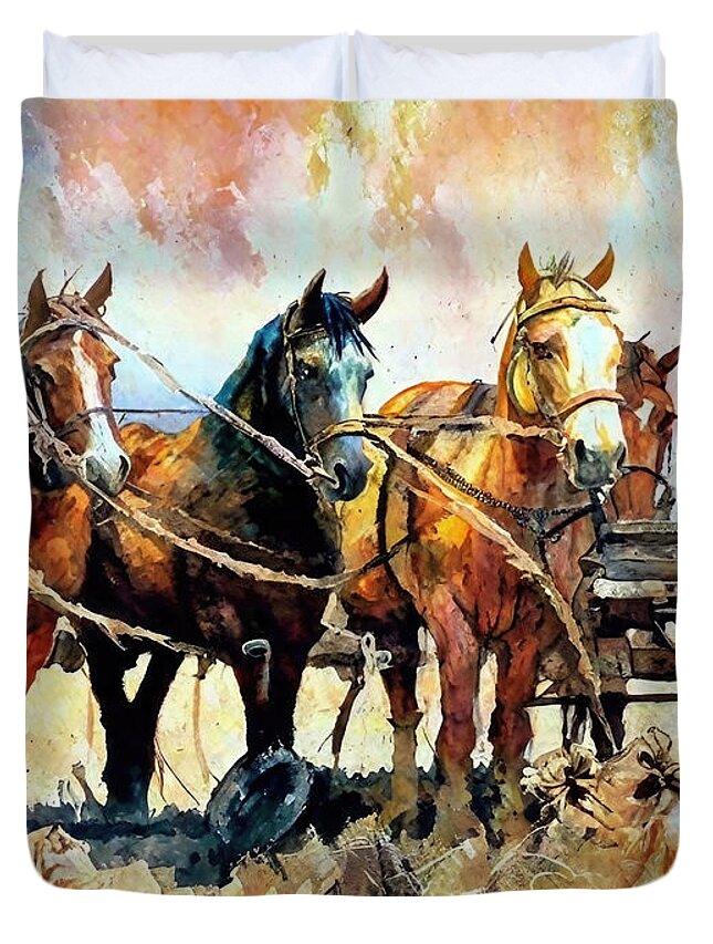 Nature Duvet Cover featuring the painting Painting Four Horses nature horse animal outdoor by N Akkash