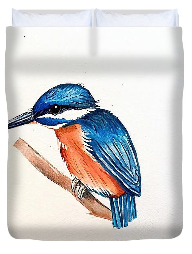 Bird Duvet Cover featuring the painting Painting Kingfisher bird nature illustration wild by N Akkash