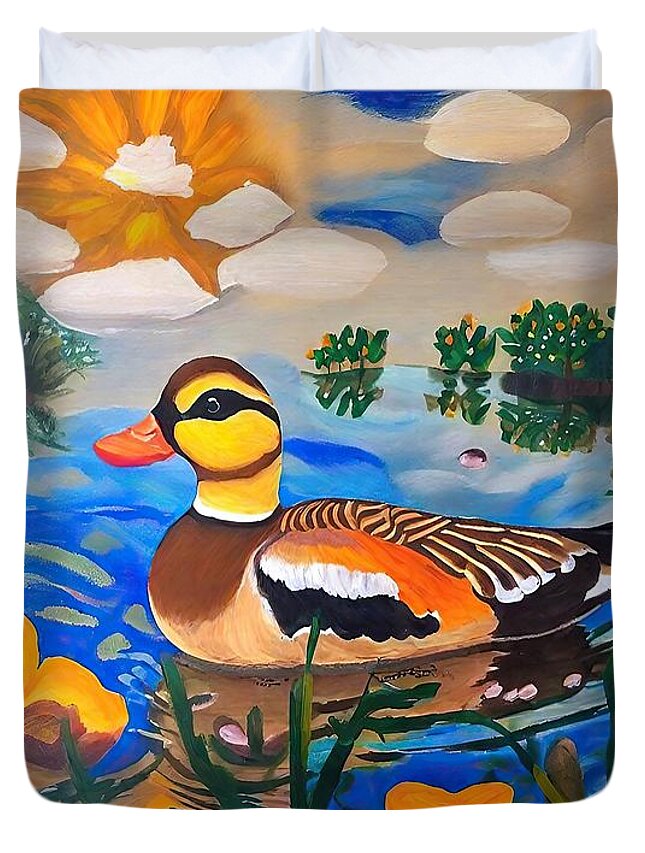 Background Duvet Cover featuring the painting Painting Lonely But Happy background nature artwo by N Akkash