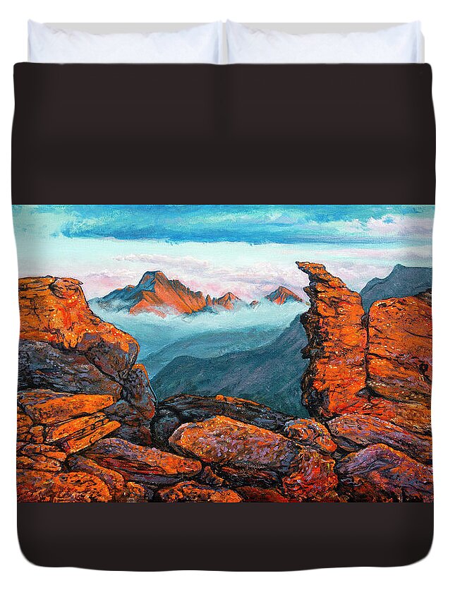 Rocky Mountain National Park Duvet Cover featuring the painting Painting - Longs Peak and Rock Cut Sunset by Aaron Spong