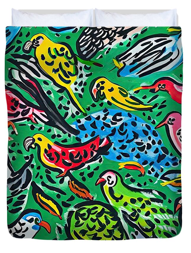 Background Duvet Cover featuring the painting Painting Parakeet Party Original Rainbow Painting by N Akkash