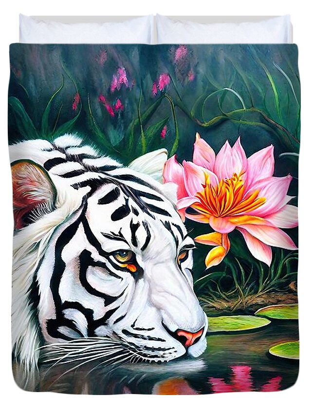 Tiger Duvet Cover featuring the painting Painting Serendipity tiger nature animal illustra by N Akkash