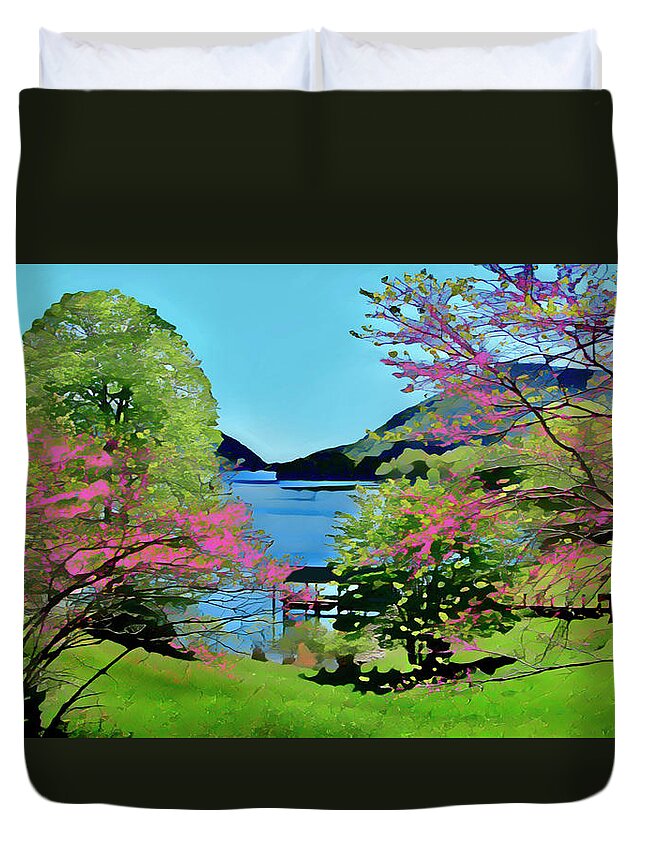 Smith Mountain Lake Duvet Cover featuring the painting Painting Smith Mountain Lake Redbuds by The James Roney Collection