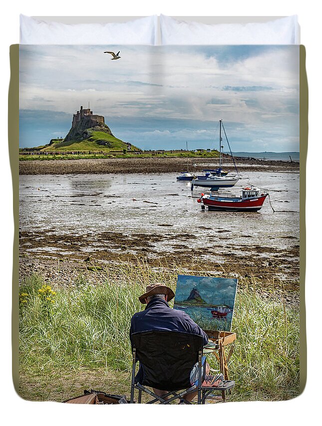 England Duvet Cover featuring the photograph Painting The View, Lindisfarne by Tom Holmes Photography