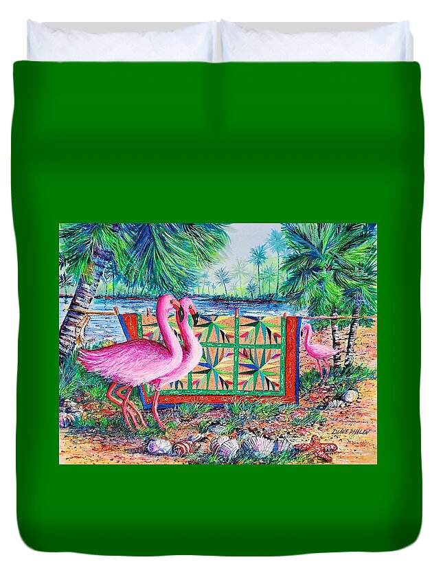 Palm Quilt Duvet Cover featuring the painting Palm Quilt Flamingos by Diane Phalen