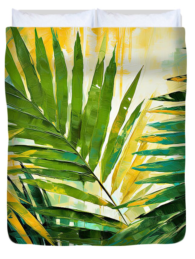 Tropical Leaves Duvet Cover featuring the digital art Palm Tree Art - Tropical Foliage Art by Lourry Legarde