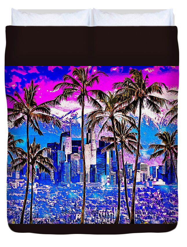 Los Angeles Duvet Cover featuring the digital art Palm trees in front of Los Angeles skyline at sunset - digital painting by Nicko Prints