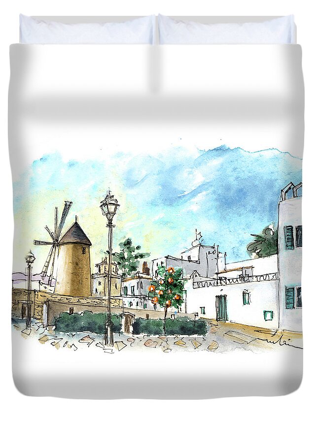 Travel Duvet Cover featuring the painting Palma De Mallorca Windmills 02 by Miki De Goodaboom