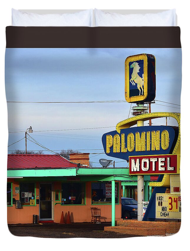 Motel Duvet Cover featuring the photograph Palomino Motel by Jon Herrera