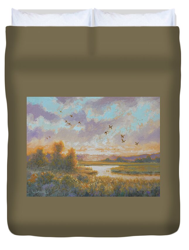 Guy Crittenden Prints Duvet Cover featuring the painting Pamunkey River Sunset by Guy Crittenden
