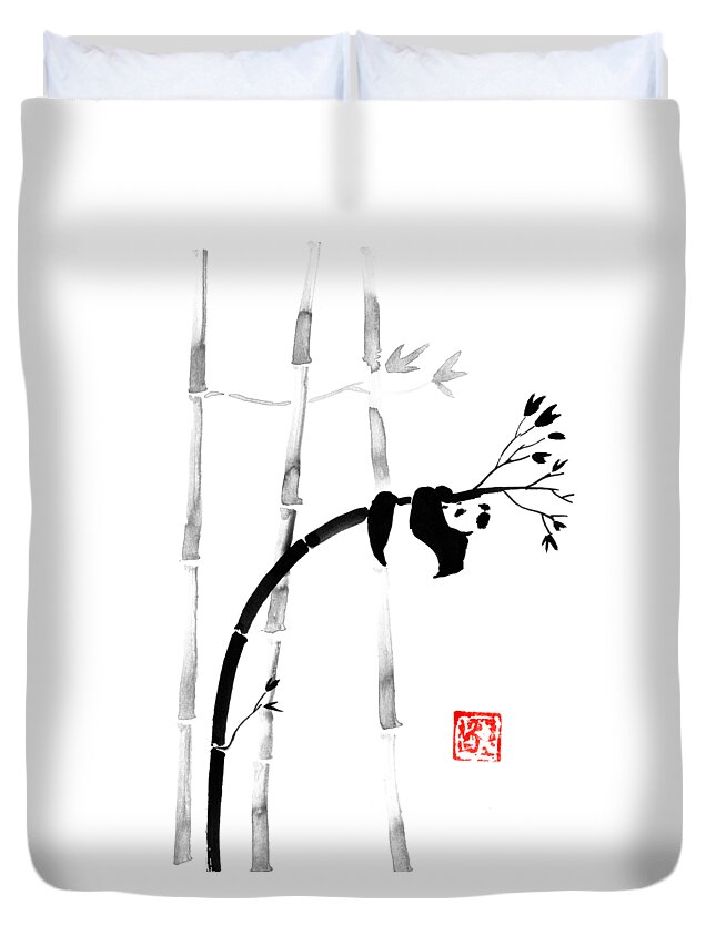 Panda Duvet Cover featuring the drawing Panda On Bamboo by Pechane Sumie