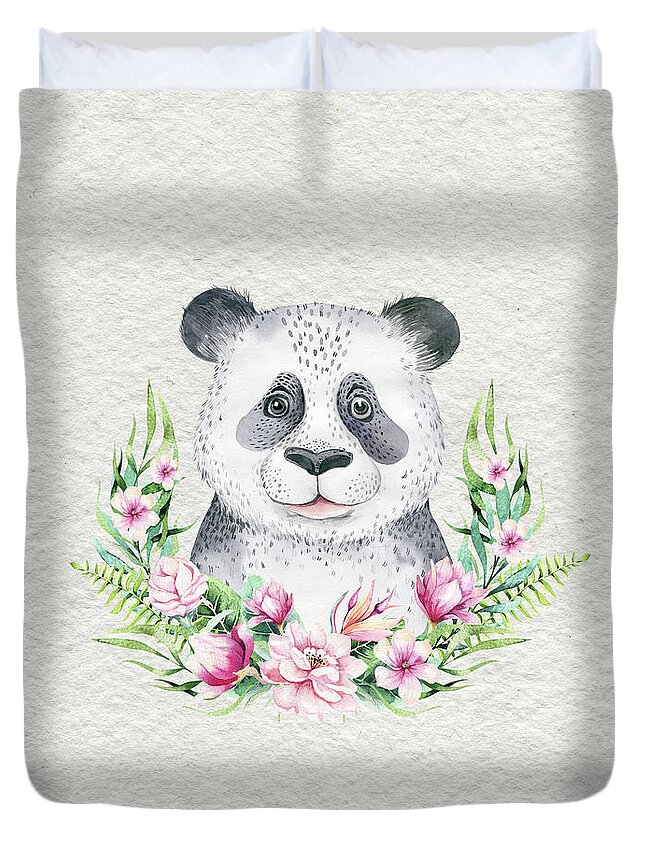 Panda Duvet Cover featuring the painting Panda Bear With Flowers by Nursery Art