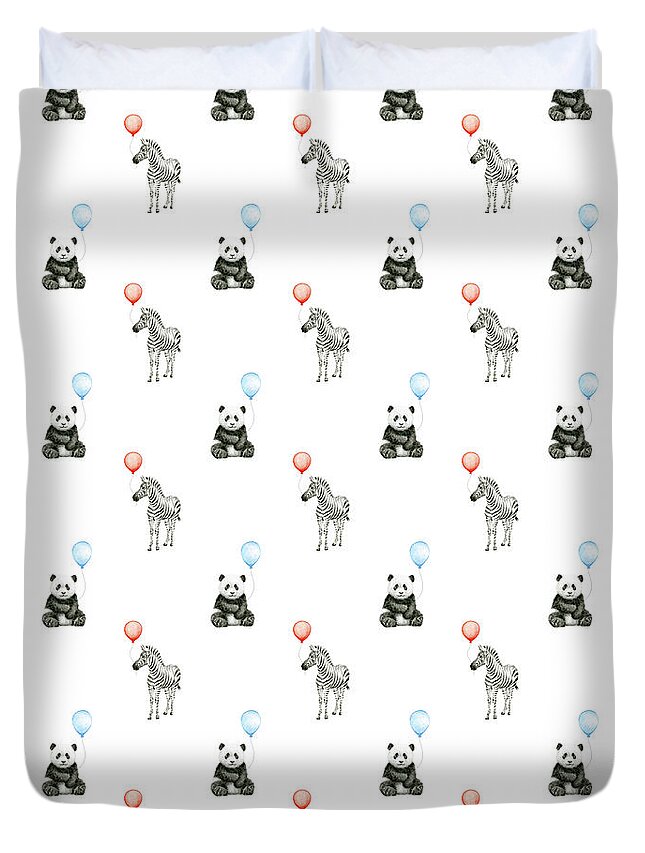 Baby Animals Duvet Cover featuring the painting Panda Zebra Balloon Pattern by Olga Shvartsur