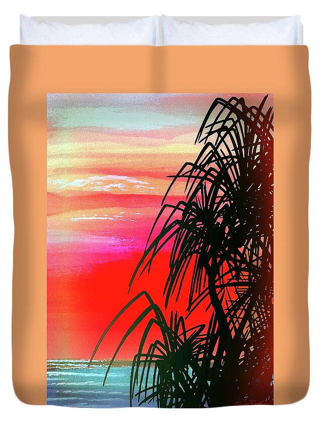 Pandanus Palm Sunset Duvet Cover featuring the painting Pandanus Palm Sunset by Simon Read