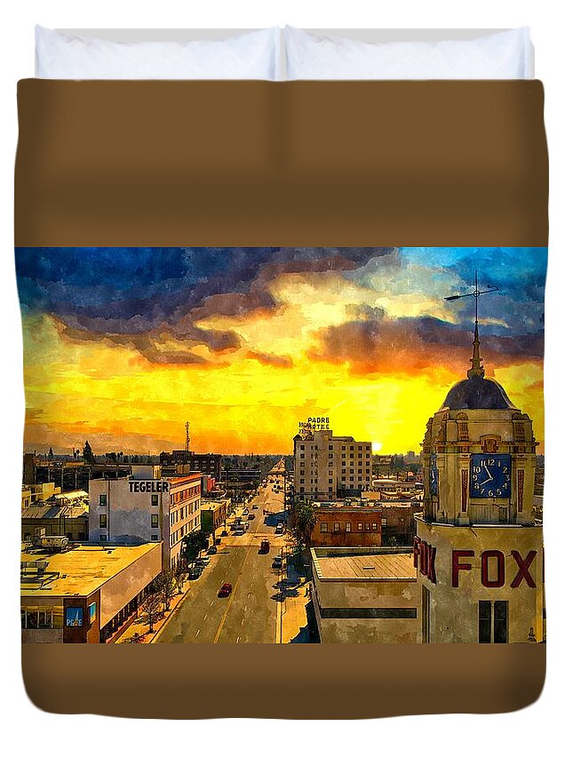 Bakersfield Duvet Cover featuring the digital art Panorama of downtown Bakersfield, California - watercolor painting by Nicko Prints