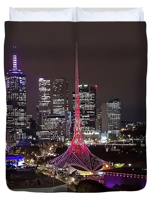 Night Panorama Of The City Of Melbourne In Australia Duvet Cover featuring the photograph Panorama of Melbourne by Andre Petrov