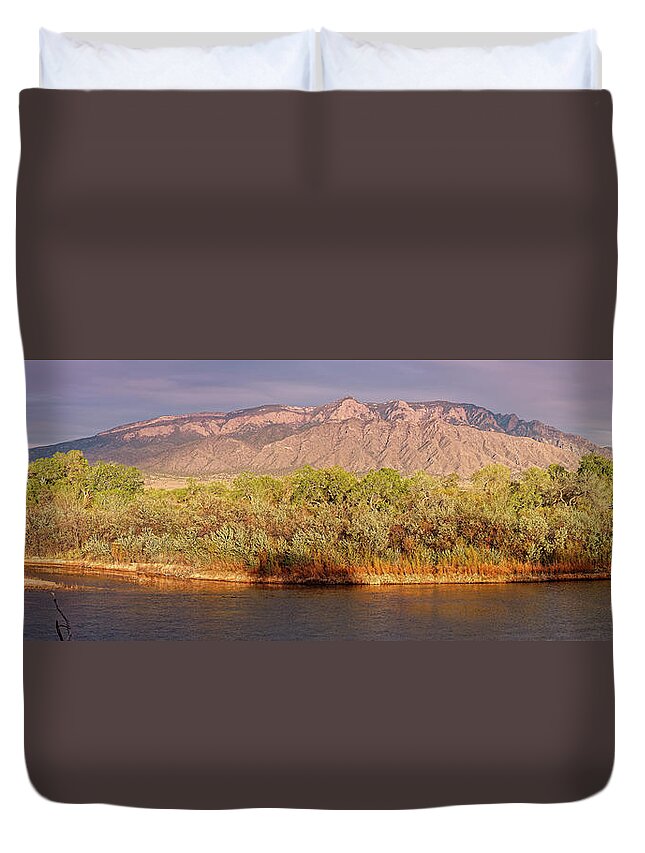 New Mexico Duvet Cover featuring the photograph Panorama of Sandia Mountains and Rio Grande Bosque from Rio Rancho Bosque Preserve Albuquerque by Silvio Ligutti