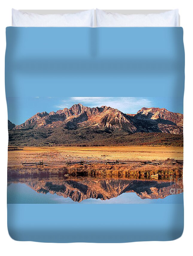 North America Duvet Cover featuring the photograph Panorama Reflections Sawtooth Mountains NRA Idaho by Dave Welling