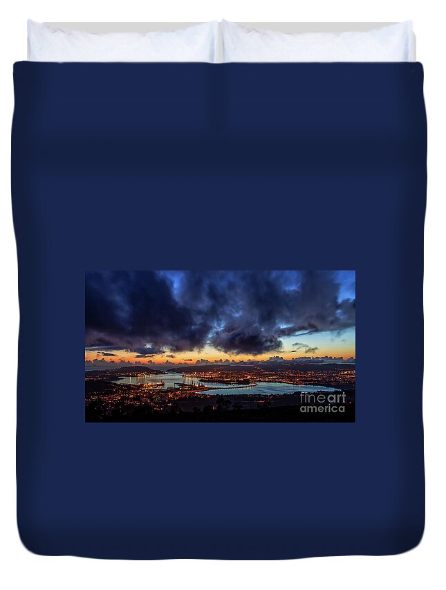 Port Duvet Cover featuring the photograph Panoramic View of Ferrol Estuary with Bridge and Shipyards Stormy Sky at Dusk La Corua Galicia by Pablo Avanzini