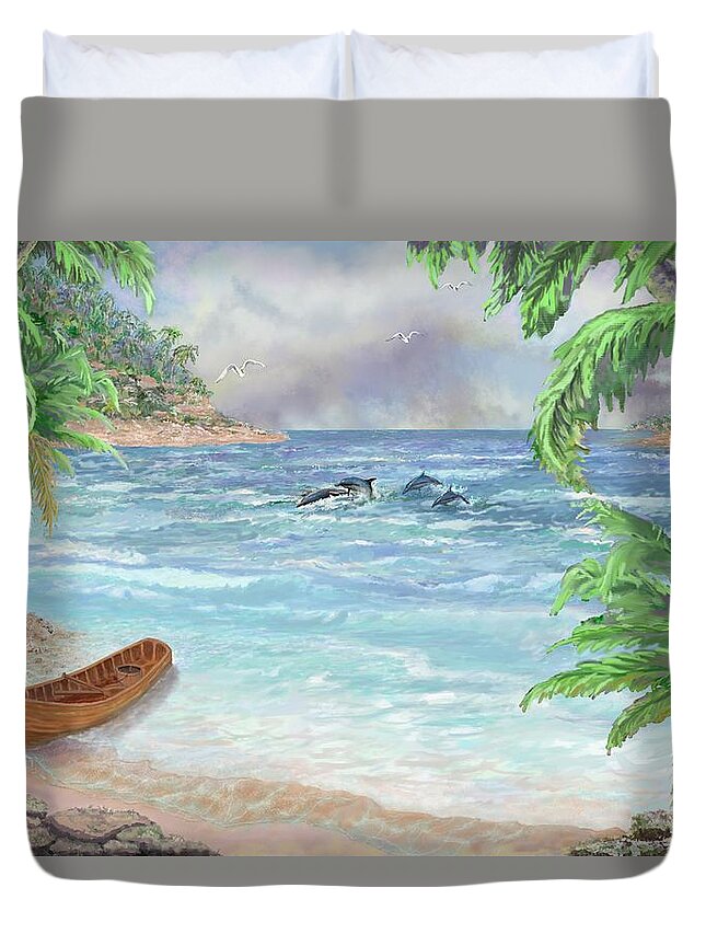 Ocean Duvet Cover featuring the painting Paradise Cove by Marilyn Cullingford