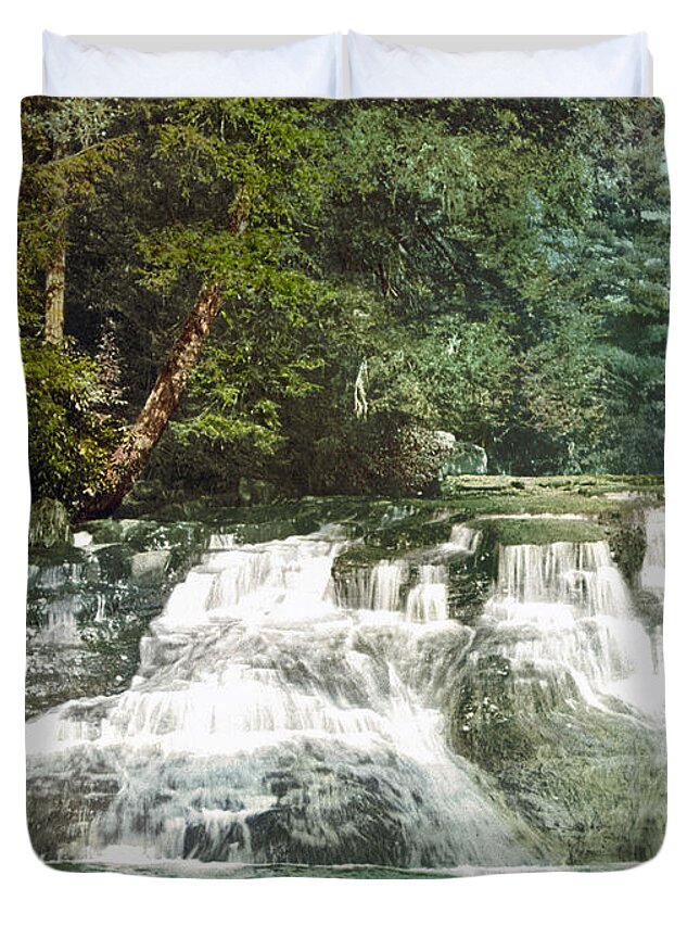 Paradise Falls Duvet Cover featuring the photograph Paradise Falls - Pocono Mountains Pennsylvania - Circa 1900 Photochrom by War Is Hell Store