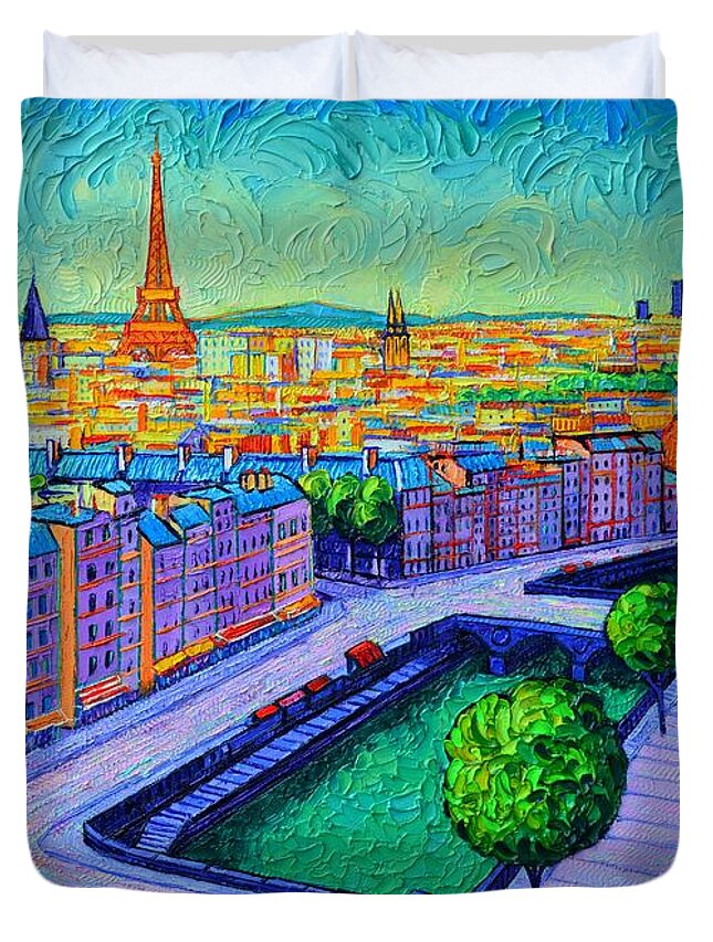 Paris Duvet Cover featuring the painting PARIS DAWN VIEW FROM NOTRE DAME TOWERS commissioned painting abstract cityscape Ana Maria Edulescu by Ana Maria Edulescu