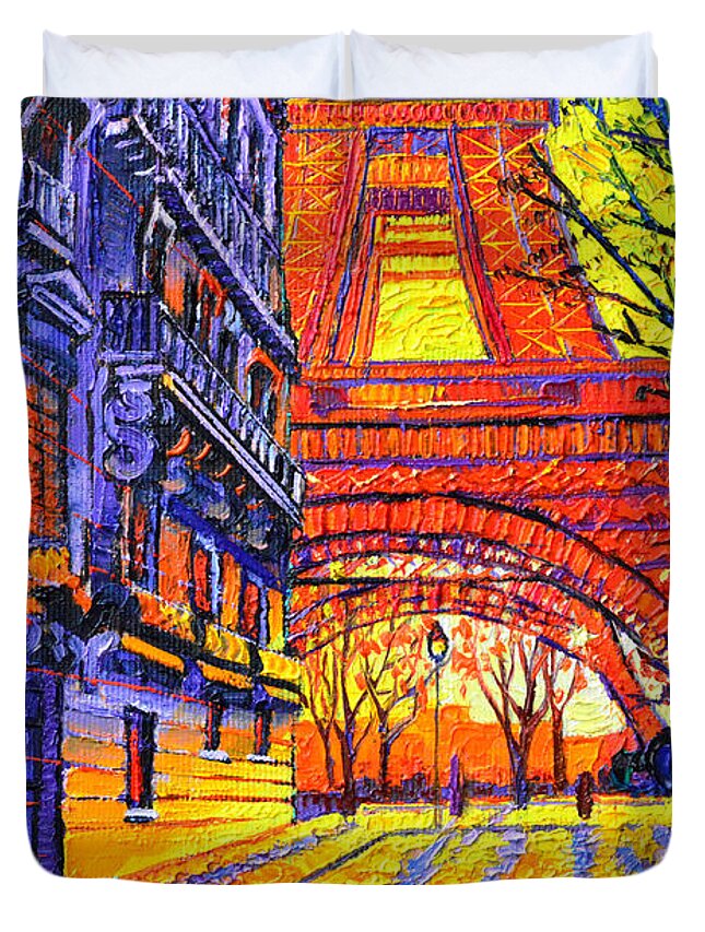 Paris Duvet Cover featuring the painting PARIS SUNSET ON AVENUE SILVESTRE DE SACY commissioned knife oil painting detail Ana Maria Edulescu by Ana Maria Edulescu