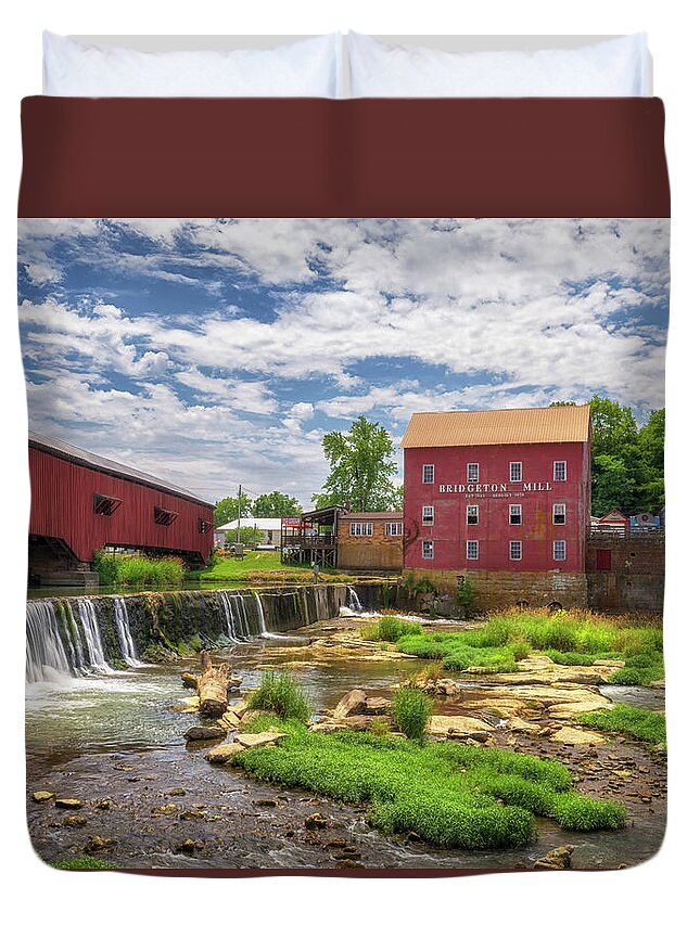 Parke County Duvet Cover featuring the photograph Parke County, Indiana - Bridgeton Mill and Covered Bridge by Susan Rissi Tregoning