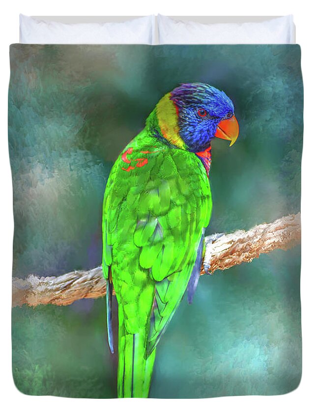 Bird Duvet Cover featuring the mixed media Parrot Bird 80 by Lucie Dumas
