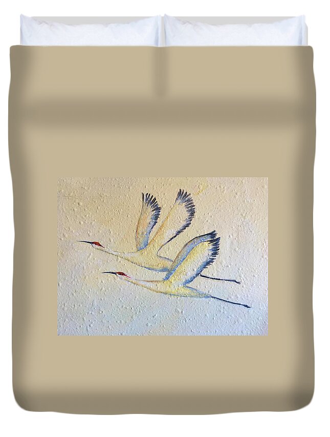 Cranes In Flight Duvet Cover featuring the painting Partners for Life by Caroline Patrick
