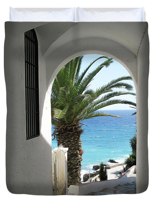 Spain Duvet Cover featuring the digital art Path to the beach in Nerja by Naomi Maya
