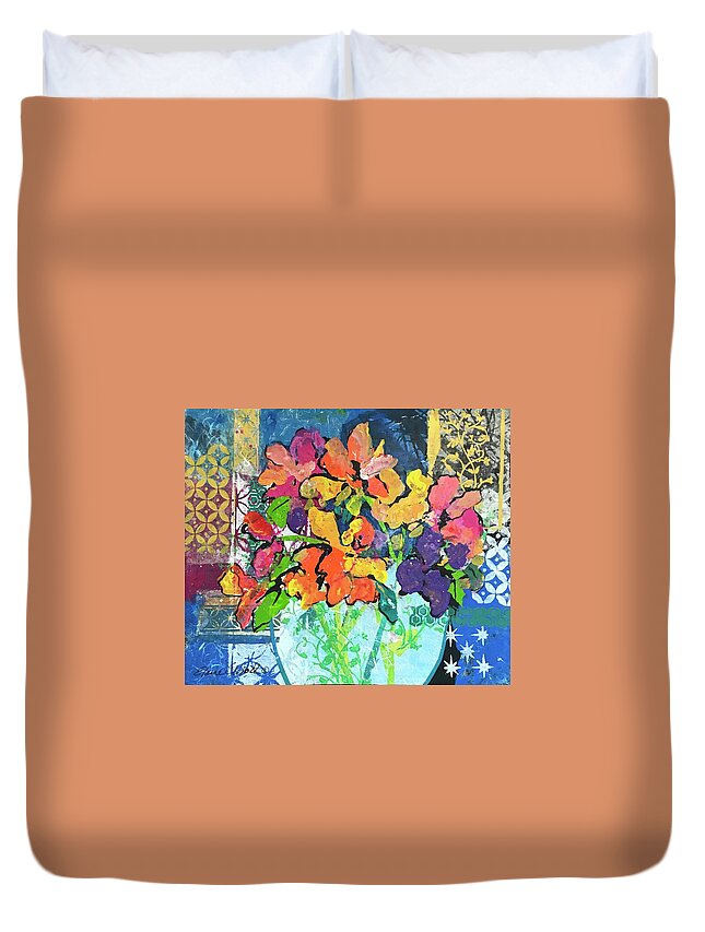Mixed Flower Bouquet Duvet Cover featuring the painting Patio Profusion by Elaine Elliott